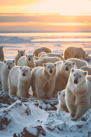 Polar bear family in the arctic region with setting sun shining. Group of wild animals in nature.の素材