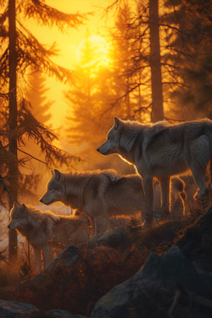 Wolf family in the forest with sunset. Group of wild animals in nature.の素材