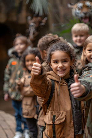 Group of children doing their dream job as Animal Keepers standing inside the animal pen in the zoo. Concept of Creativity, Happiness, Dream come true and Teamwork.の素材