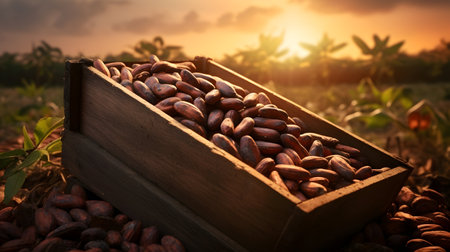 Cocoa beans harvested in a wooden box in a plantation with sunset. Natural organic fruit abundance. Agriculture, healthy and natural food concept. Horizontal composition.の素材