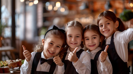 Group of children doing their dream job as Waitresses in the restaurant. Concept of Creativity, Happiness, Dream come true and Teamwork.の素材