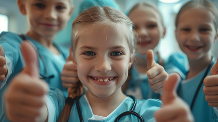 Group of children doing their dream job as Nurses inside a hospital. Concept of Teamwork, Creativity, Happiness and Dream come true.の素材