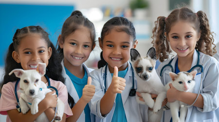 Group of children doing their dream job as Veterinarians at the office. Concept of Creativity, Happiness, Dream come true and Teamwork.の素材