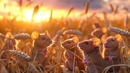 Mice in the harvested field in summer evening with setting sun. Group of wild animals in nature.の素材