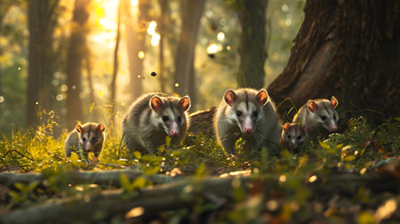 Opossum family in the forest with setting sun shining. Group of wild animals in nature.の素材