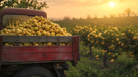Cargo truck carrying yellow pear fruit in an orchard with sunset. Concept of food production, transportation, cargo and shipping.の素材