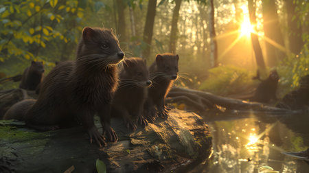 Mink family in the forest with setting sun shining. Group of wild animals in nature.の素材