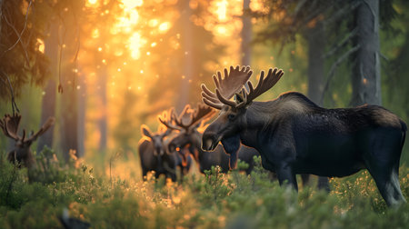 Moose family in the forest in summer evening with setting sun. Group of wild animals in nature.の素材