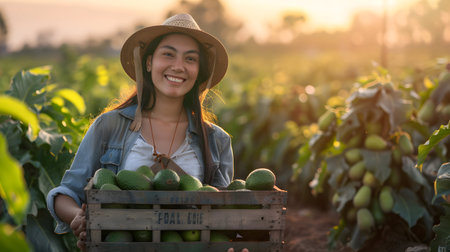 Beautiful young farmer woman holding a wooden box full of avocado fruits standing in the field with sunset. Concept of healthy lifestyle, local farming and beauty.の素材