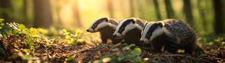 Badgers standing in the forest in the evening with setting sun shining. Group of wild animals in nature. Horizontal, banner.の素材