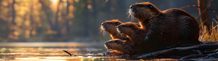 Beaver family sitting at the bank of the forest river with setting sun. Group of wild animals in nature. Horizontal, banner.の素材