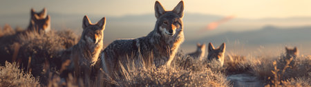 Coyot family standing in front of the camera in the rocky plains with setting sun. Group of wild animals in nature. Horizontal, banner.の素材