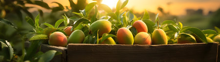 Mango harvested in a wooden box with orchard and sunshine in the background. Natural organic fruit abundance. Agriculture, healthy and natural food concept. Horizontal composition, banner.の素材