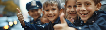 Group of children smiling, having thumbs up doing their dream job as Police Officers standing in the street with traffic. Concept of Creativity, Happiness, Dream come true and Teamwork.の素材