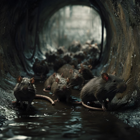 Rats looking from the tunnel of the sewers. Group of wild animals in nature.の素材