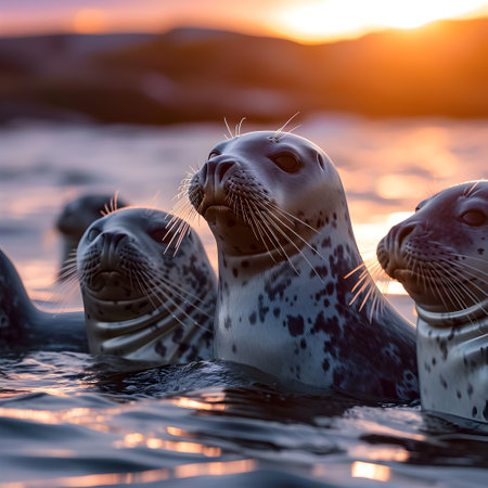 Seal family in the ocean water with setting sun shining. Group of wild animals in nature.の素材