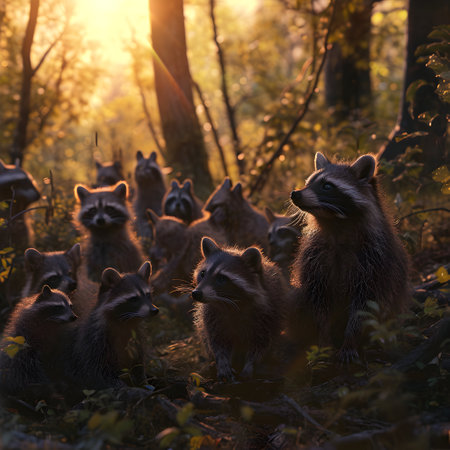 Racoon dog family in the forest with setting sun shining. Group of wild animals in nature.の素材