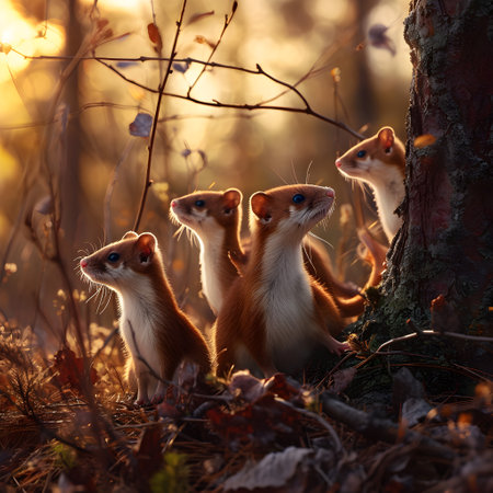 Weasel family in the forest with setting sun shining. Group of wild animals in nature.の素材