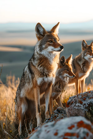 Coyot family standing in front of the camera in the rocky plains with setting sun. Group of wild animals in nature.の素材