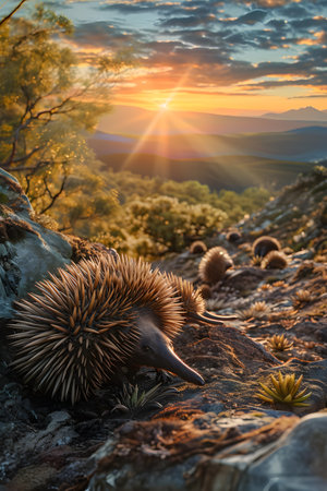 Echidna in the mountainous countryside with setting sun shining. Group of wild animals in nature.の素材