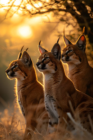 Caracal family in the savanna with setting sun shining. Group of wild animals in nature.の素材