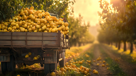 Cargo truck carrying yellow pear fruit in an orchard with sunset. Concept of food production, transportation, cargo and shipping.の素材