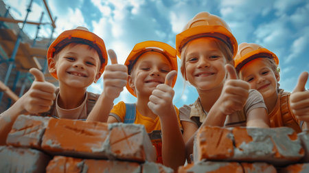 Group of children doing their dream job as Bricklayers at the construction site with building in the background. Concept of Creativity, Happiness, Dream come true and Teamwork.の素材