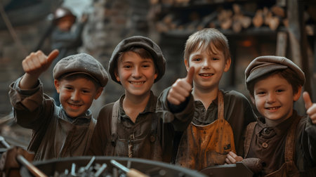 Group of children doing their dream job as Blacksmiths standing inside the blacksmith workshop. Concept of Creativity, Happiness, Dream come true and Teamwork.の素材