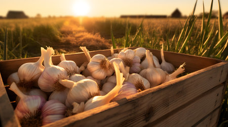 Garlic harvested in a wooden box with field and sunset in the background. Natural organic fruit abundance. Agriculture, healthy and natural food concept. Horizontal composition.の素材