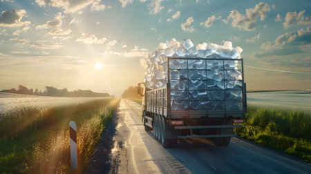 Cargo truck full of ice cubes on the road in the summer countryside. Concept of summer refreshment, cargo and shipping.の素材