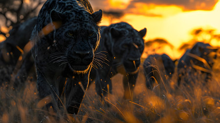 Black panthers standing in the savanna with setting sun shining. Group of wild animals in nature.の素材