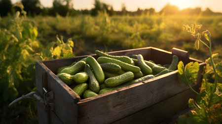 Gherkins harvested in a wooden box with field and sunset in the background. Natural organic fruit abundance. Agriculture, healthy and natural food concept. Horizontal composition.の素材