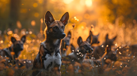 Wild dogs standing in the forest with setting sun shining. Group of wild animals in nature.の素材