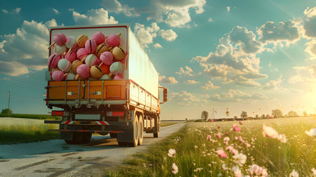 Cargo truck full of ice creams on the road in the summer countryside. Concept of high quality food products, summer refreshment, cargo and shipping.の素材