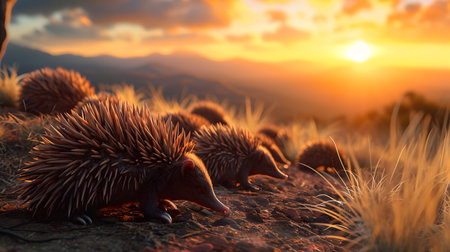 Echidna in the mountainous countryside with setting sun shining. Group of wild animals in nature.の素材