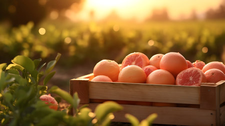 Grapefruits harvested in a wooden box with orchard and sunshine in the background. Natural organic fruit abundance. Agriculture, healthy and natural food concept. Horizontal composition.の素材