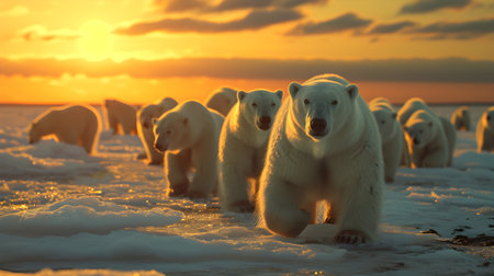 Polar bear family in the arctic region with setting sun shining. Group of wild animals in nature.の素材