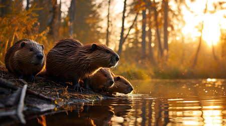 Beaver family sitting at the bank of the forest river with setting sun. Group of wild animals in nature.の素材