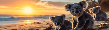 Koala bears in the sea coastal region with setting sun shining. Group of wild animals in nature. Horizontal, banner.の素材