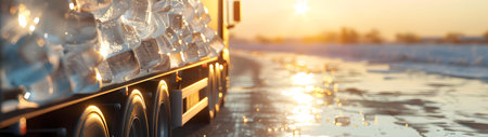 Cargo truck full of ice cubes on the road in the summer countryside. Concept of summer refreshment, cargo and shipping.の素材