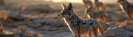 Jackal family standing in front of the camera in the rocky plains with setting sun. Group of wild animals in nature. Horizontal, banner.の素材