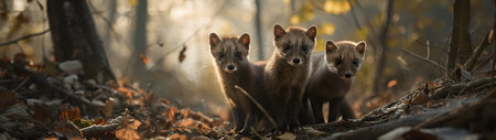 Marten family in the forest with setting sun shining. Group of wild animals in nature. Horizontal, banner.の素材