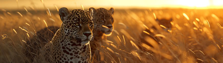 Jaguars standing in the savanna with setting sun shining. Group of wild animals in nature. Horizontal, banner.の素材