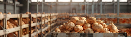 Sweet potatoes harvested in wooden boxes in a warehouse. Natural organic fruit abundance. Healthy and natural food storing and shipping concept.の素材