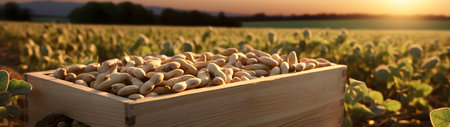 Soya beans harvested in a wooden box in a plantation with sunset. Natural organic fruit abundance. Agriculture, healthy and natural food concept. Horizontal composition, banner.の素材