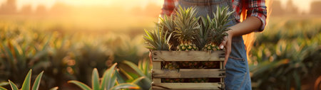 Beautiful young farmer woman holding a wooden box full of fresh pineapple fruits standing in the plantation with sunset. Concept of healthy lifestyle, local farming and beauty.の素材