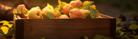 Quince fruit harvested in a wooden box in a field with sunset. Natural organic vegetable abundance. Agriculture, healthy and natural food concept. Horizontal composition, banner.の素材