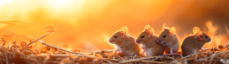 Mice in the harvested field in summer evening with setting sun. Group of wild animals in nature. Horizontal, banner.の素材