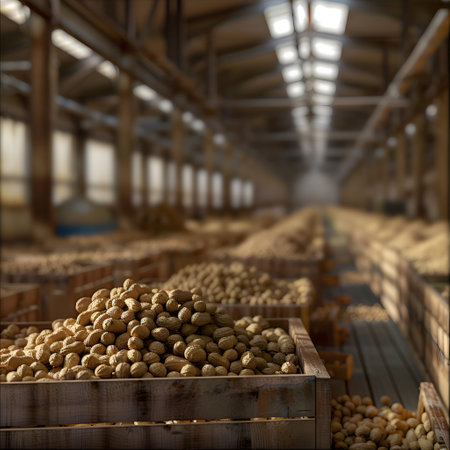 Peanuts harvested in wooden boxes in a warehouse. Natural organic fruit abundance. Healthy and natural food storing and shipping concept.の素材