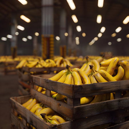 Banana bunches harvested in wooden boxes in a warehouse. Natural organic fruit abundance. Healthy and natural food storing and shipping concept.の素材
